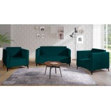 Meble tapicerowane komplet dwa fotele i sofa w modnym kolorze butelkowa zieleń 1+1+2 czarne nóżki GOLD