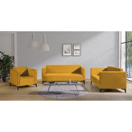 Stylowy zestaw mebli tapicerowanych sofy i fotel 1+2+3 modny żółty kolor - nóżki czarne
