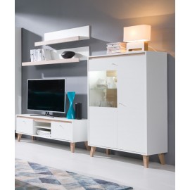 Meblościanka w stylu skandynawskim z dużą witryną szafką pod telewizor oraz półkami na drobiazgi OVI 12
