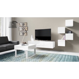 Meblościanka z czterema pojemnymi kwadratami nowoczesną szafką pod telewizor oraz małą ławą KLARA 21