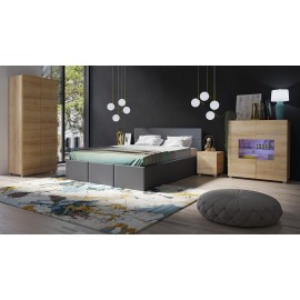 Zestaw mebli do sypialni z grafitowym łóżkiem ekoskóra szafa komoda stolik nocny kolor dąb złoty KLARA 19